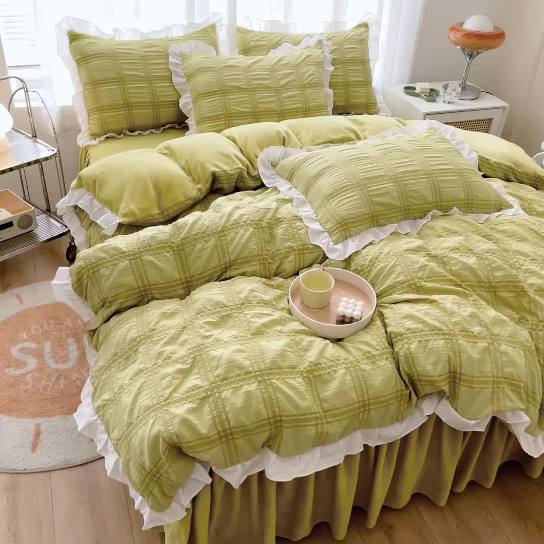 91家纺网 家纺一手货源 找家纺 绒兔兔 A版泡泡纱+B版牛奶绒韩版床裙床单四件套 抹茶绿