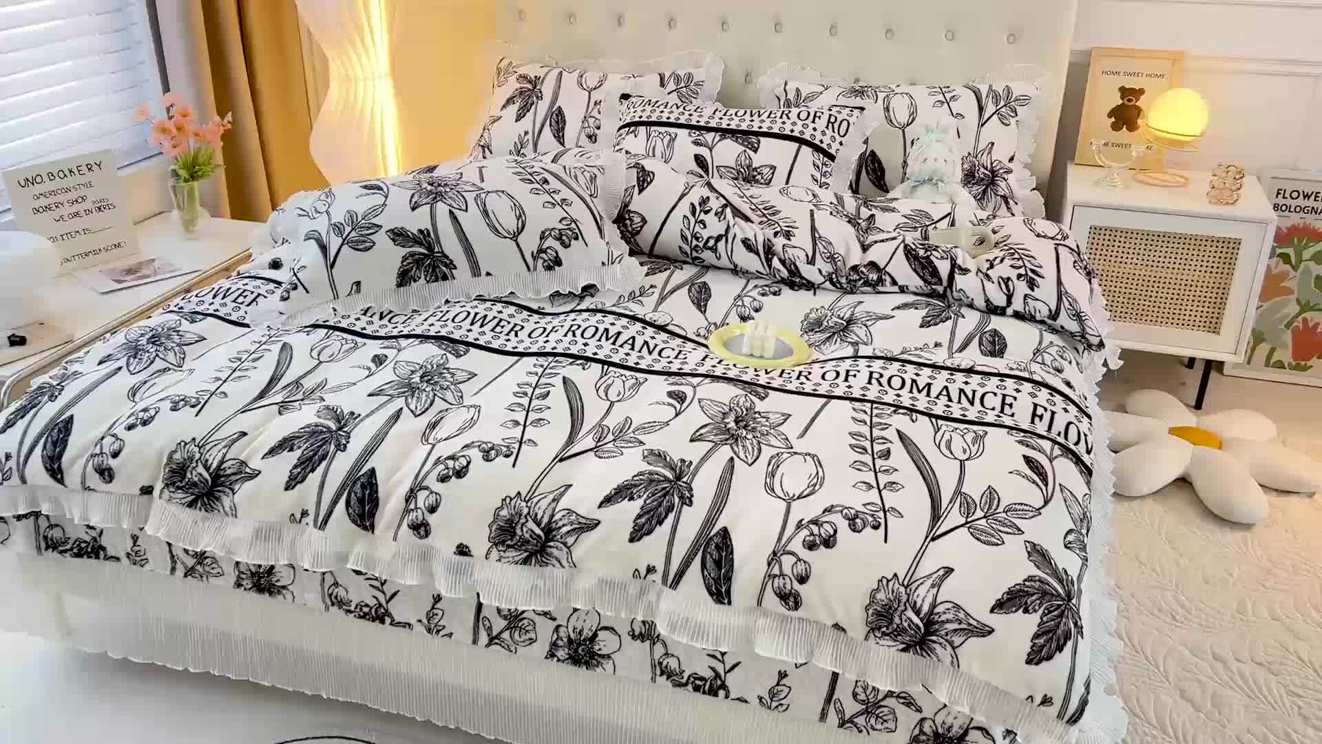 91家纺网 家纺一手货源 找家纺 澳梵  2022新款牛奶绒印花床盖三件套四件套 罗曼蒂克