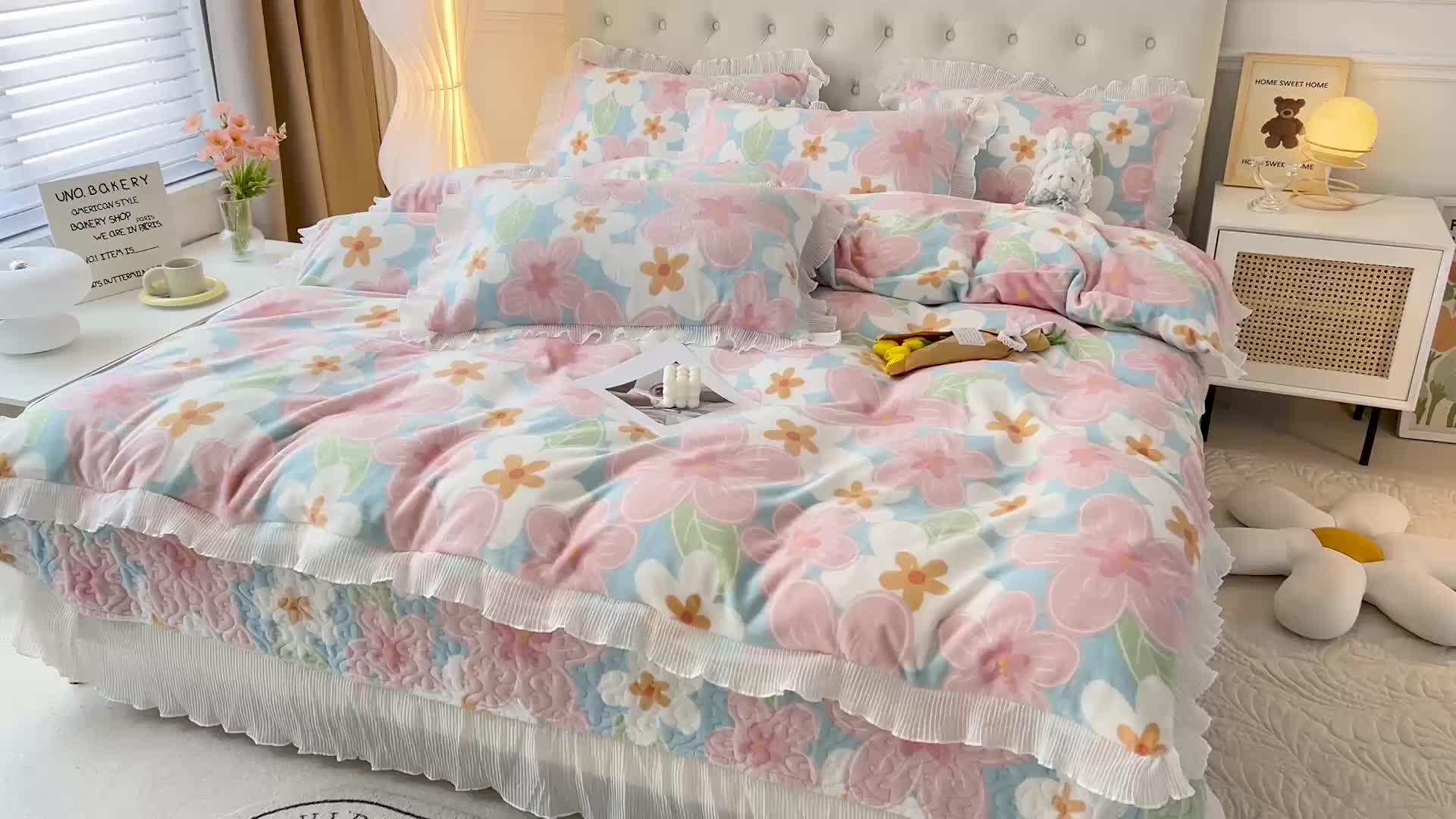 91家纺网 家纺一手货源 找家纺 澳梵  2022新款牛奶绒印花床盖三件套四件套 甜心花园