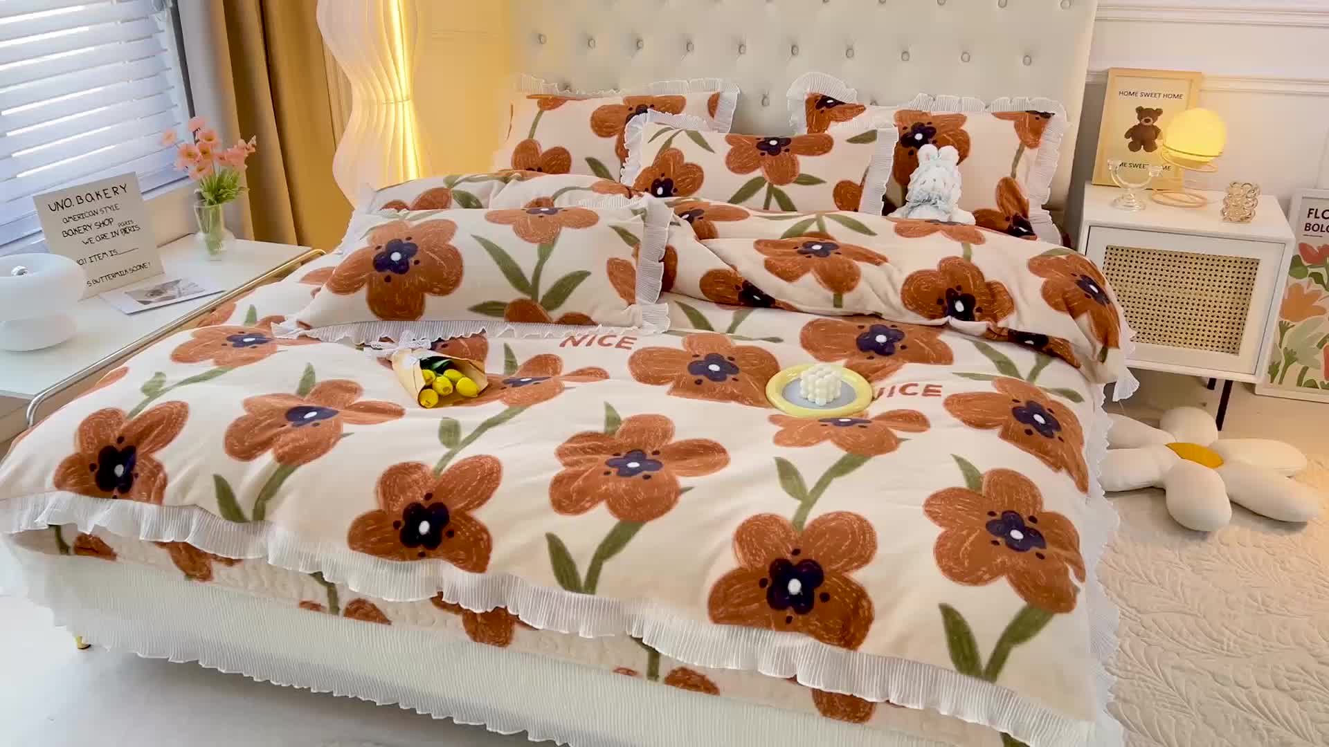 91家纺网 家纺一手货源 找家纺 澳梵  2022新款牛奶绒印花床盖三件套四件套 花心愿