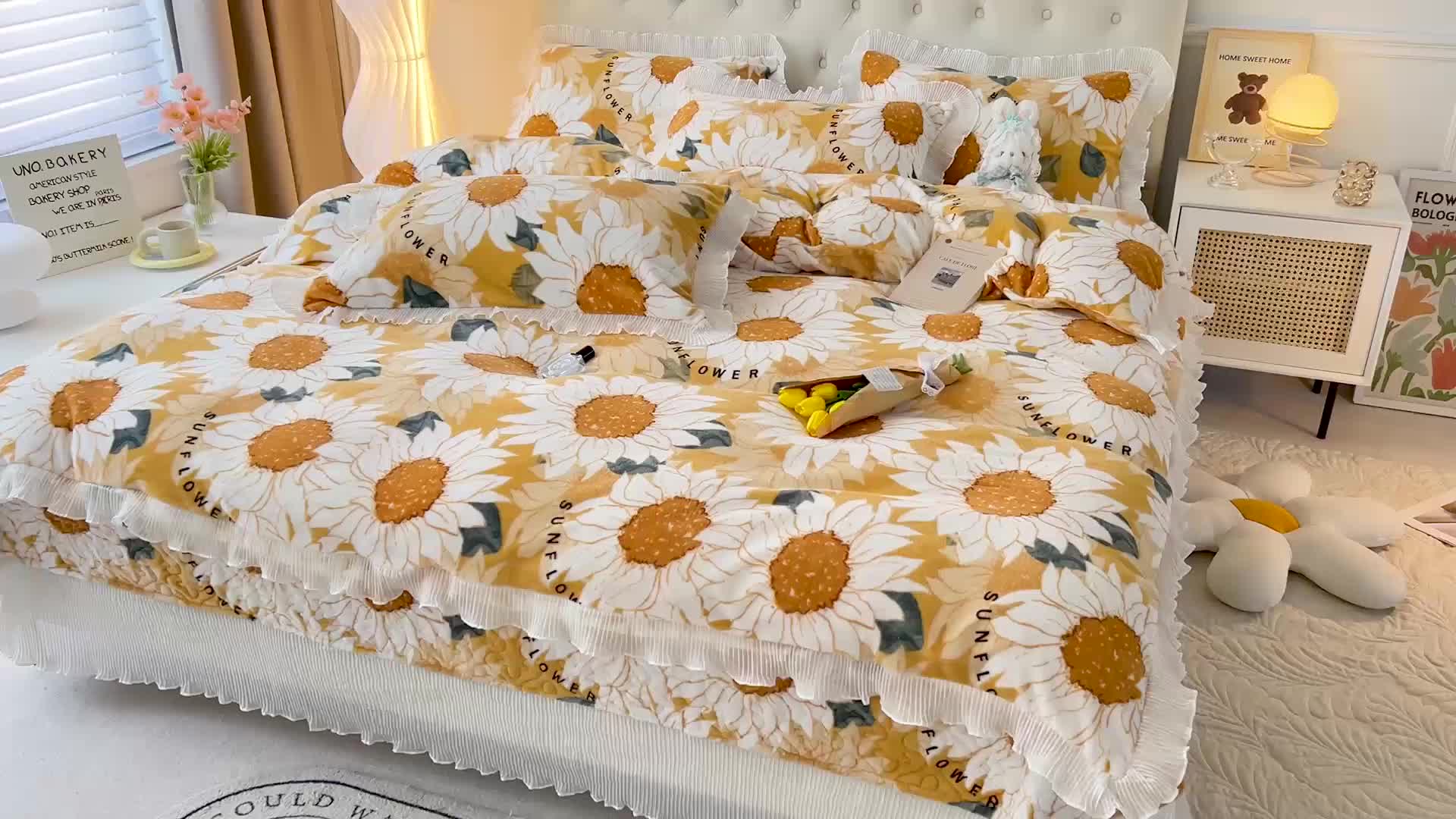 91家纺网 家纺一手货源 找家纺 澳梵  2022新款牛奶绒印花床盖三件套四件套 花心愿