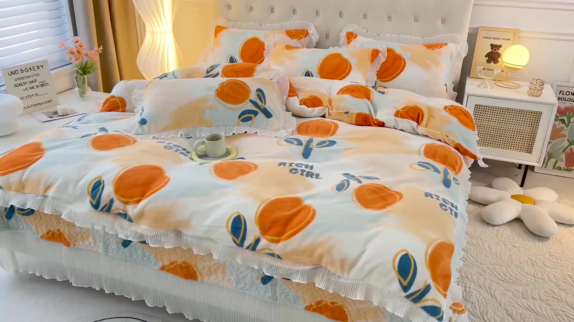 91家纺网 家纺一手货源 找家纺 澳梵  2022新款牛奶绒印花床盖三件套四件套 郁金香