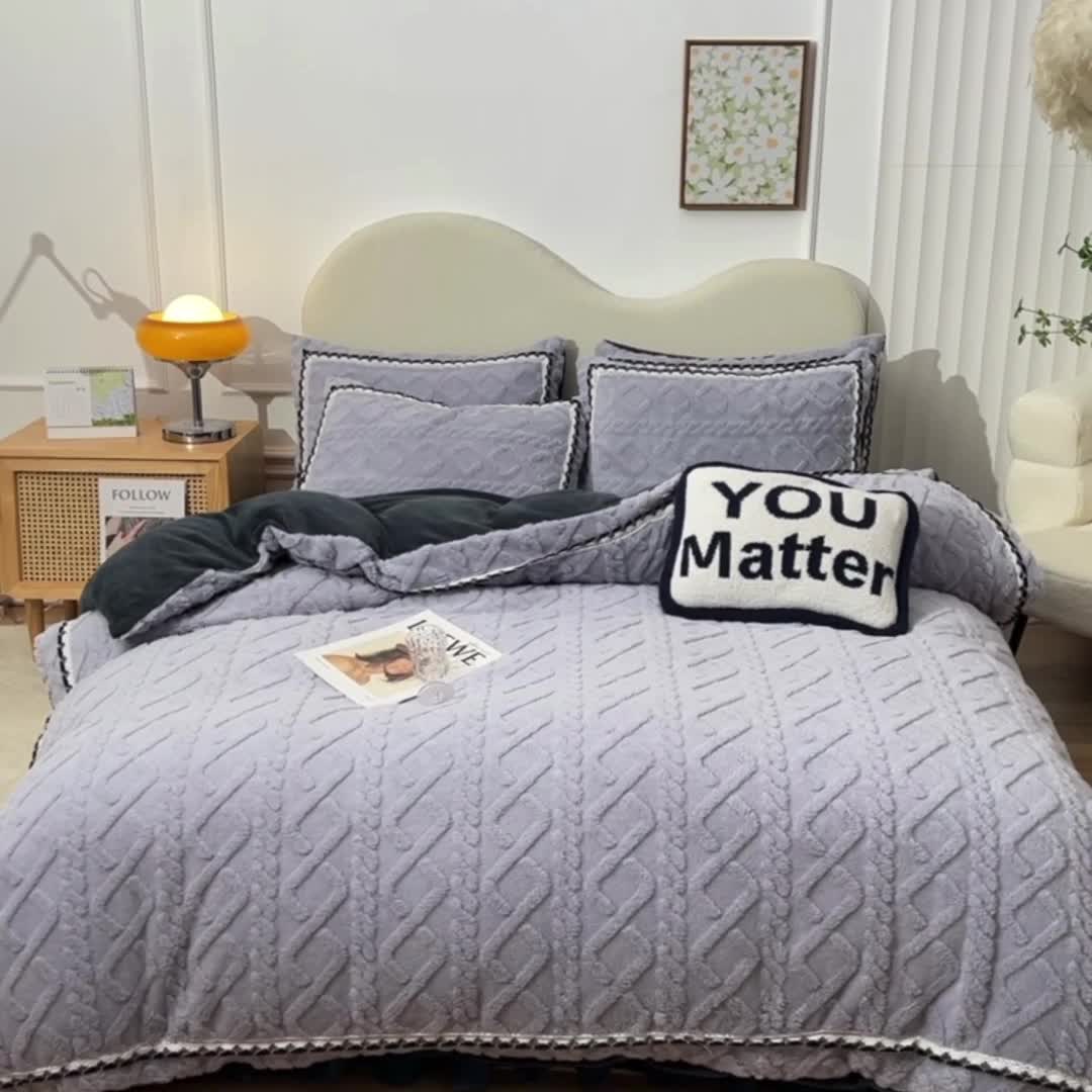 91家纺网 家纺一手货源 找家纺 绒兔兔 2022新款秋冬舒棉绒韩版床裙床单四件套 香芋紫