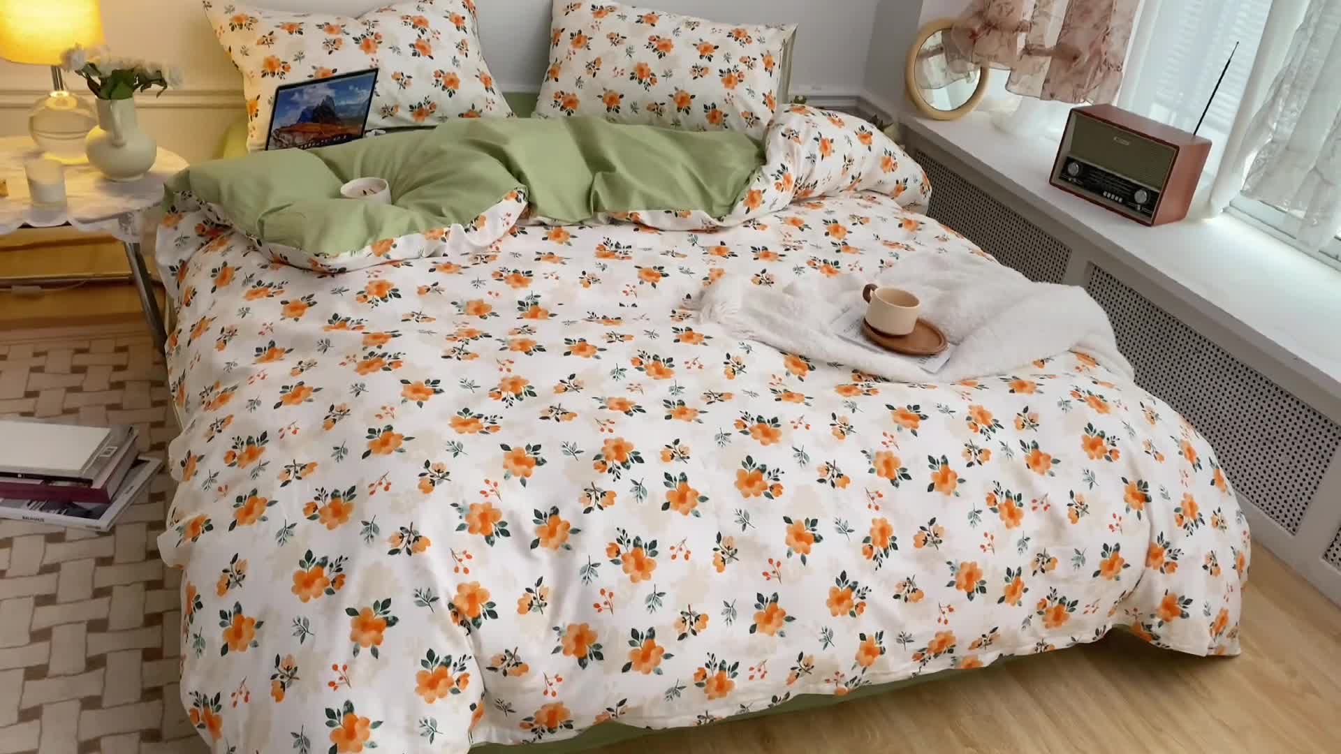 91家纺网 家纺一手货源 找家纺 沐棉 2022新款全棉13370印花四件套直播爆款 桔恋