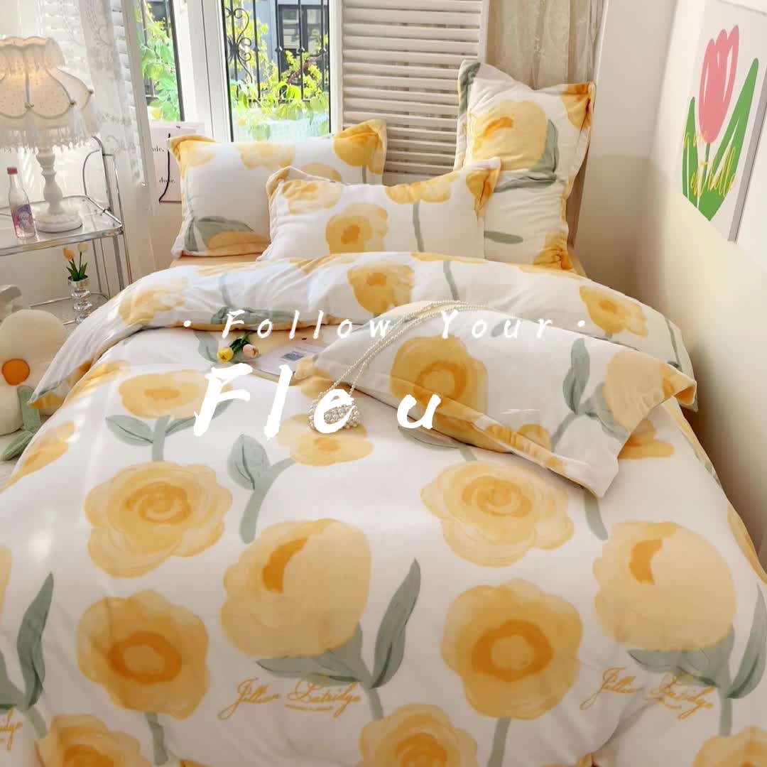 91家纺网 家纺一手货源 找家纺 沐棉 2022新款抗静电高克重加厚小清新印花牛奶绒四件套 花趣