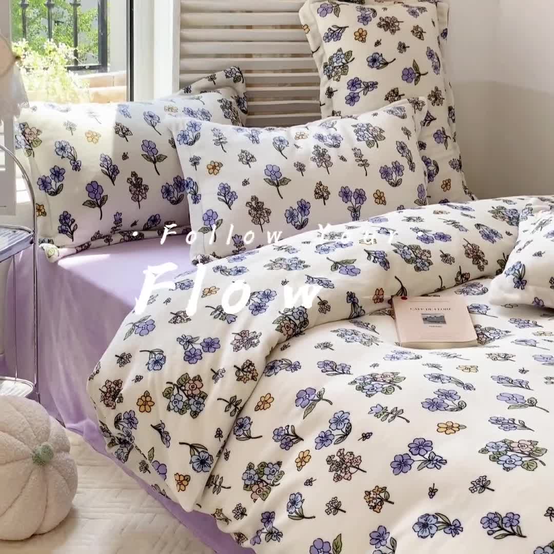 91家纺网 家纺一手货源 找家纺 沐棉 2022新款抗静电高克重加厚小清新印花牛奶绒四件套 甜蜜花丛