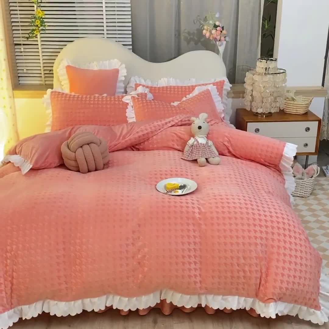 91家纺网 家纺一手货源 找家纺 梦之岛 2022新款韩版牛奶绒水晶绒剪花四件套 千鸟格-香妃橙