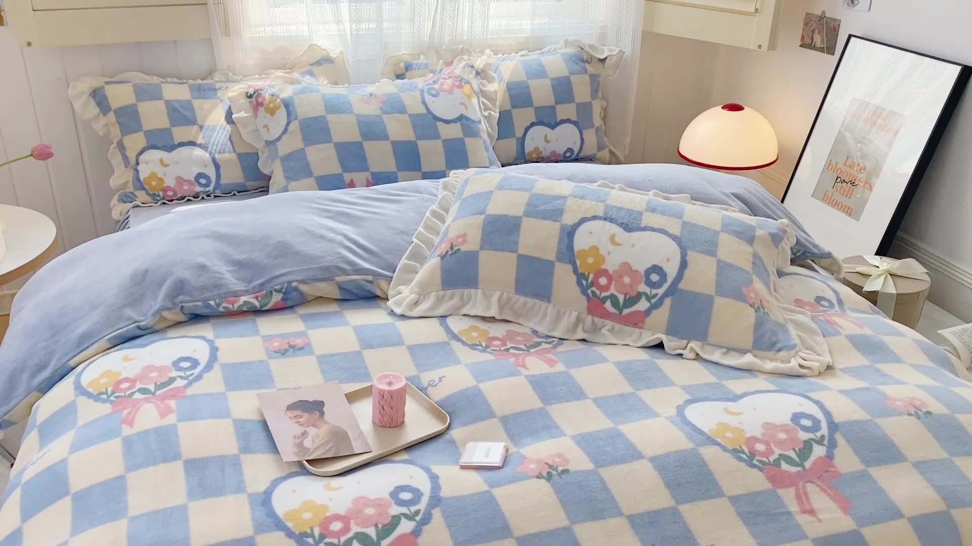 91家纺网 家纺一手货源 找家纺 眠屿 2022新款牛奶绒花边系列床单床裙床笠四件套 安夏