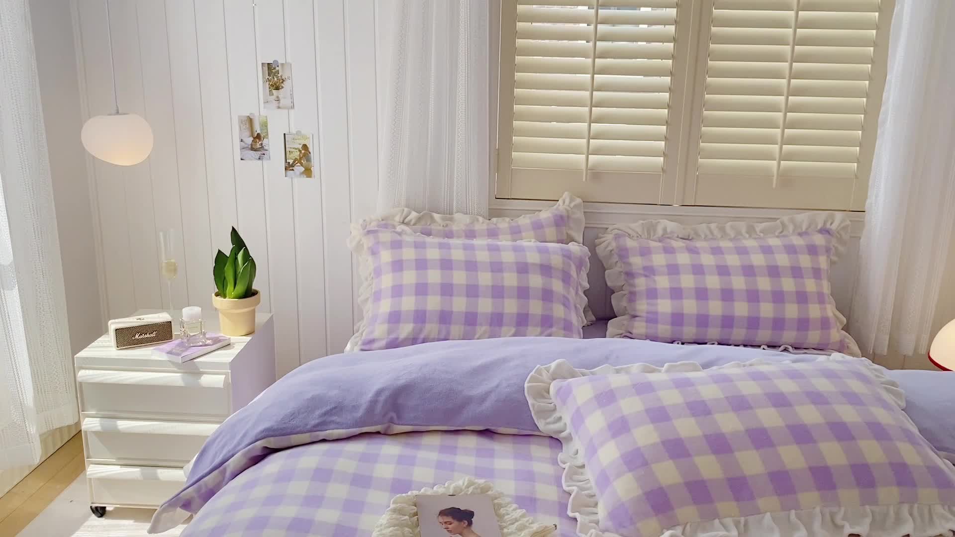 91家纺网 家纺一手货源 找家纺 眠屿 2022新款牛奶绒花边系列床单床裙床笠四件套 方块紫