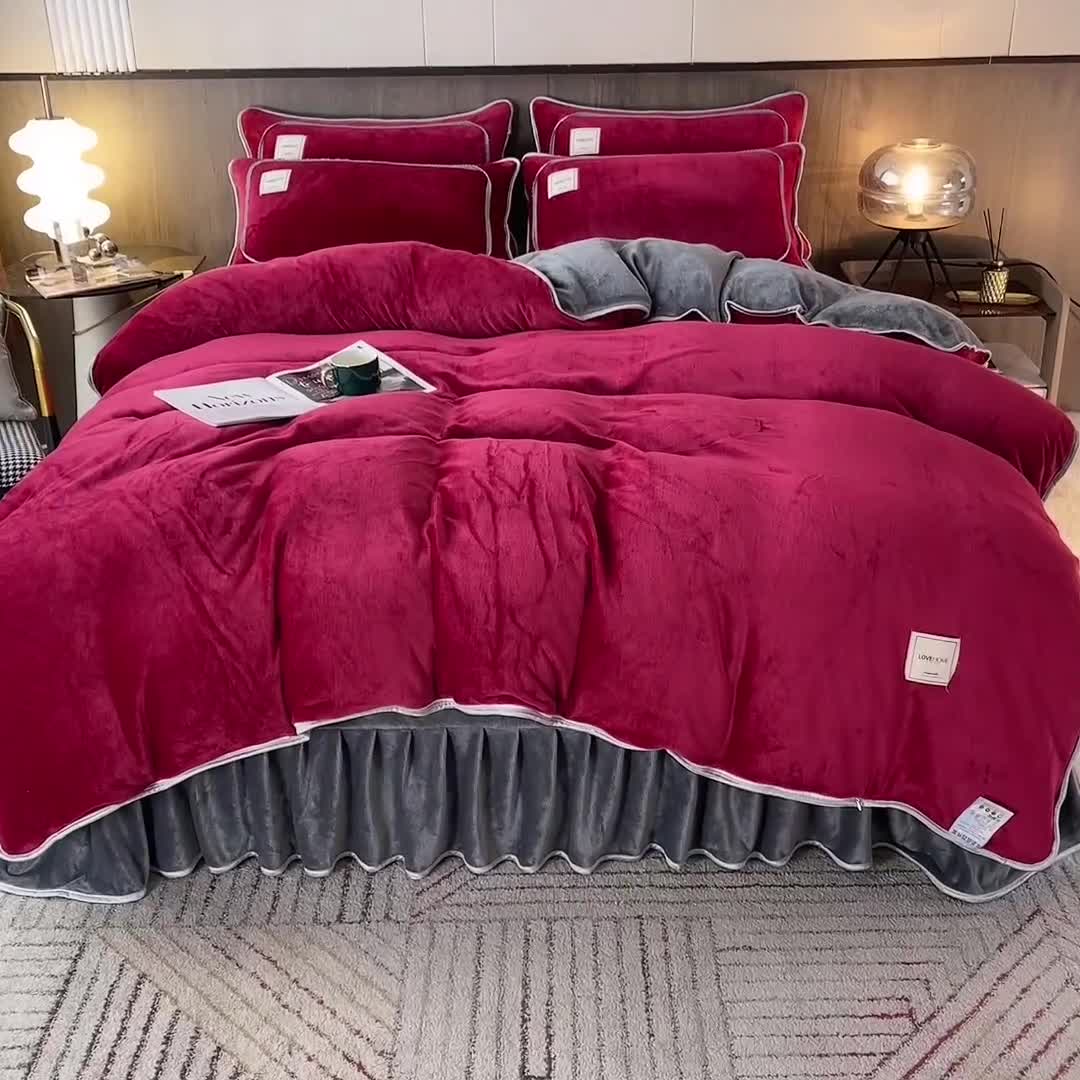 91家纺网 家纺一手货源 找家纺 能好家纺 2022直播爆款牛奶绒金貂绒四件套 酒红+灰