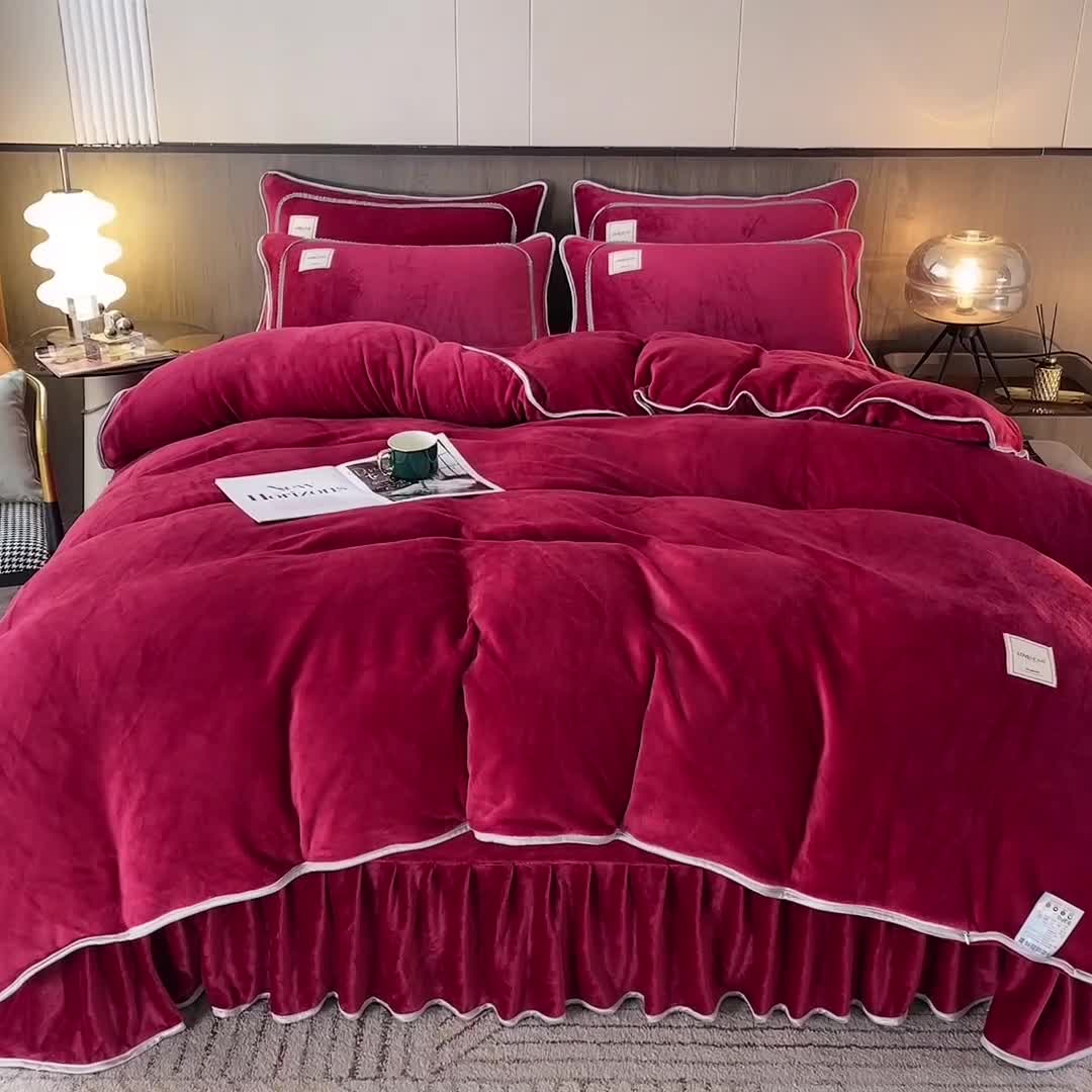 91家纺网 家纺一手货源 找家纺 能好家纺 2022直播爆款牛奶绒金貂绒四件套 酒红