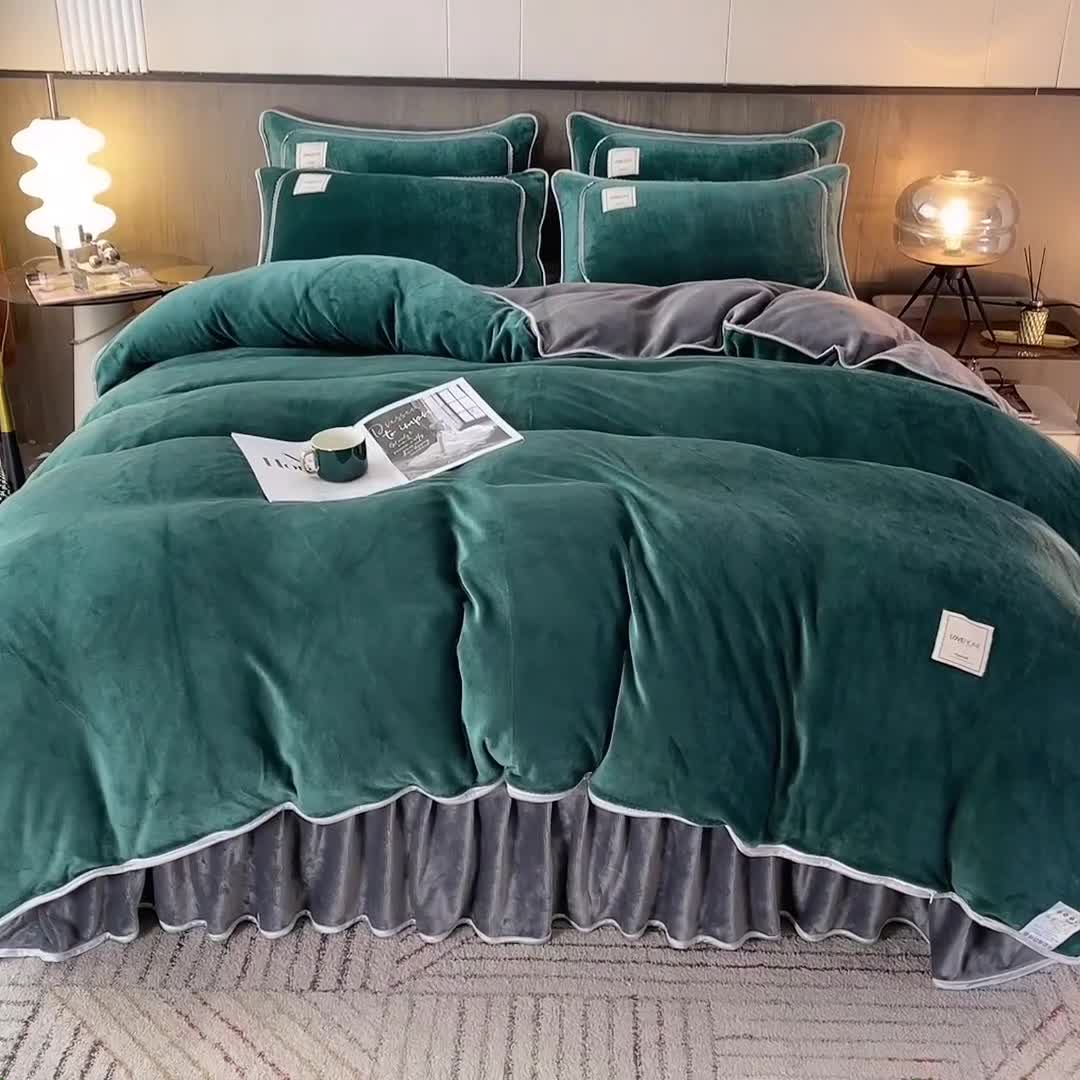 91家纺网 家纺一手货源 找家纺 能好家纺 2022直播爆款牛奶绒金貂绒四件套 墨绿+灰