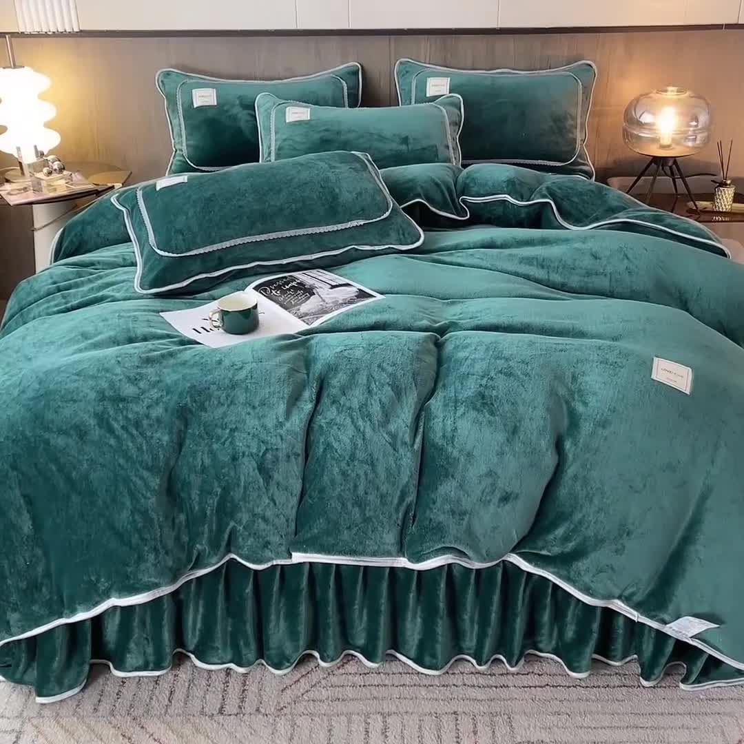 91家纺网 家纺一手货源 找家纺 能好家纺 2022直播爆款牛奶绒金貂绒四件套 墨绿
