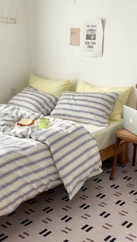 91家纺网 家纺一手货源 找家纺 时年 2022新款全棉40支13372ins条纹款四件套 复古钴蓝