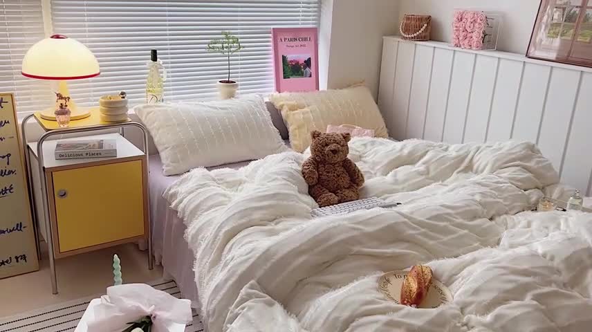 91家纺网 家纺一手货源 找家纺 顾里家居 2022年新款少女流苏牛奶绒四件套 迷雾白