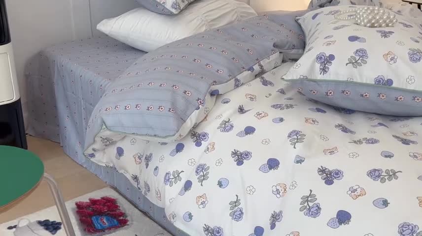 91家纺网 家纺一手货源 找家纺 昔可2022新款嵌绳全棉四件套组图二 紫玫瑰猫猫