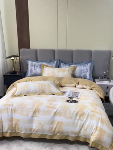 91家纺网 家纺一手货源 找家纺 棉生活 2022新款全棉磨毛宽边系列四件套 丛林秘境-黄