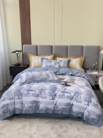 91家纺网 家纺一手货源 找家纺 棉生活 2022新款全棉磨毛宽边系列四件套 丛林秘境-蓝