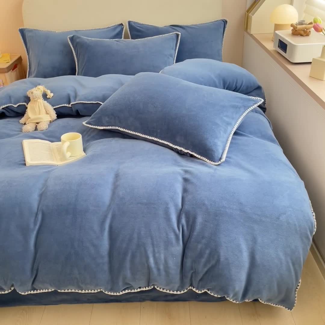 91家纺网 家纺一手货源 找家纺 安哆啦 新款贝壳边工艺牛奶绒珊瑚绒四件套单被套 宝石蓝