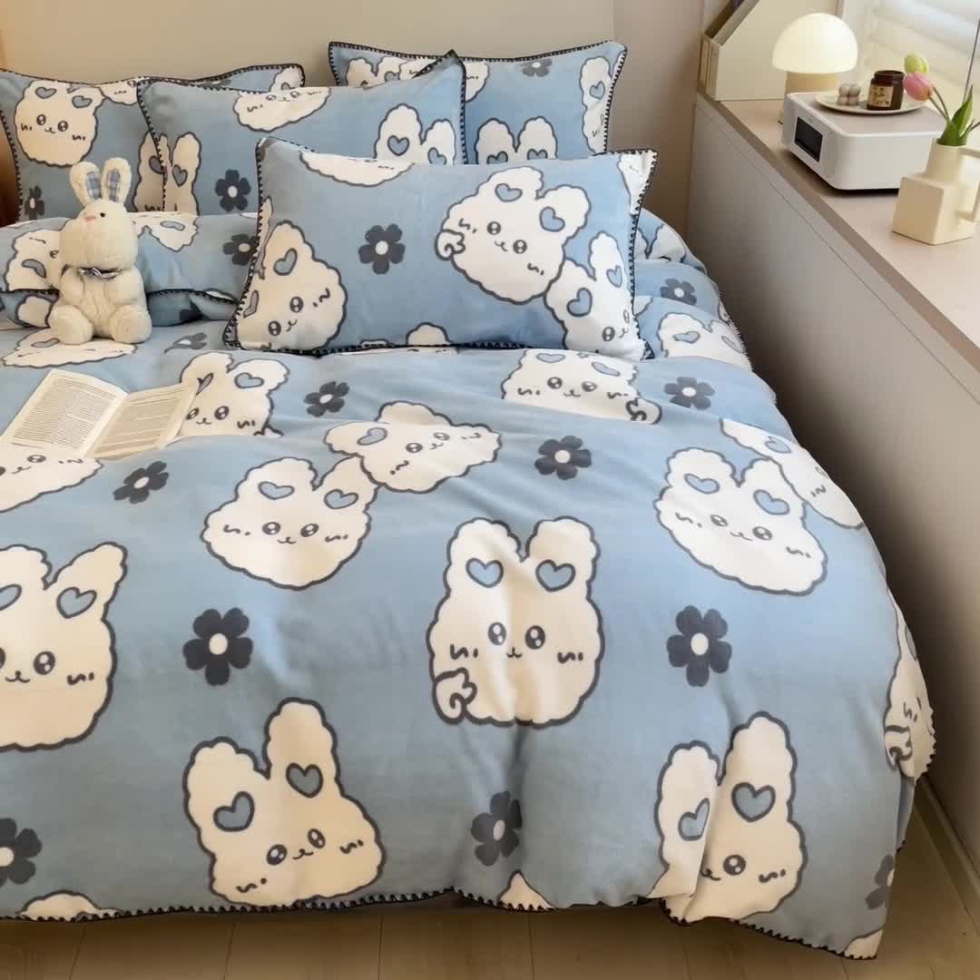 91家纺网 家纺一手货源 找家纺 安哆啦 新款贝壳边工艺牛奶绒珊瑚绒四件套单被套 萌萌兔