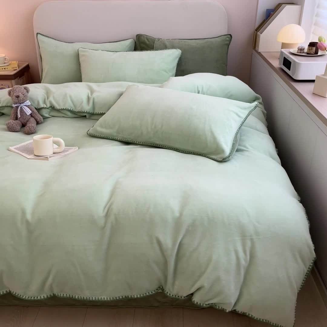 91家纺网 家纺一手货源 找家纺 安哆啦 新款贝壳边工艺牛奶绒珊瑚绒四件套单被套 嫩橘绿