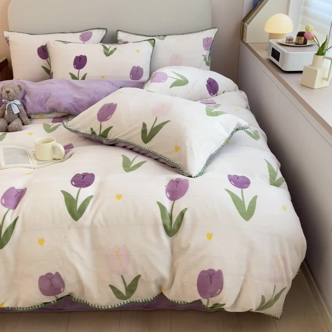 91家纺网 家纺一手货源 找家纺 安哆啦 新款贝壳边工艺牛奶绒珊瑚绒四件套单被套 紫色郁金香