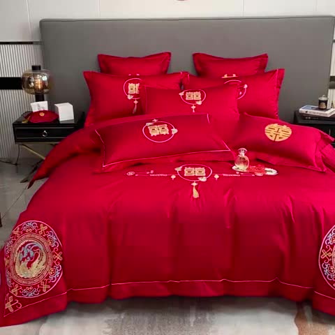 91家纺网 家纺一手货源 找家纺 欧乐蒂  2022新款亲肤棉刺绣婚庆四件套 龙凤呈祥