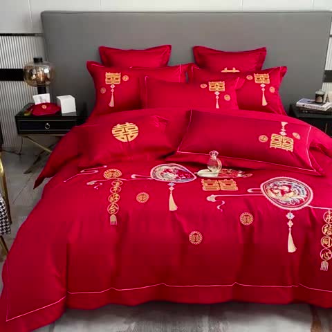 91家纺网 家纺一手货源 找家纺 欧乐蒂  2022新款亲肤棉刺绣婚庆四件套 龙凤情缘