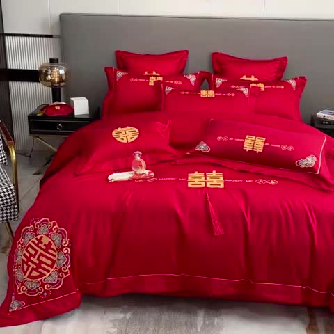 91家纺网 家纺一手货源 找家纺 欧乐蒂  2022新款亲肤棉刺绣婚庆四件套 双喜临门