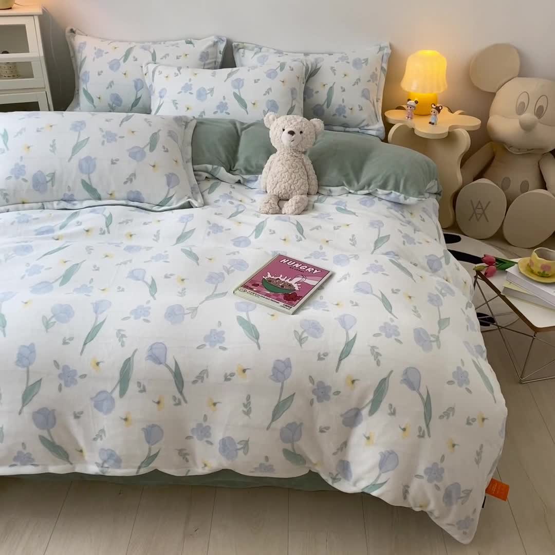 91家纺网 家纺一手货源 找家纺 木堇 2022秋冬新款高克重甜美系列印花牛奶绒四件套郁金香兰