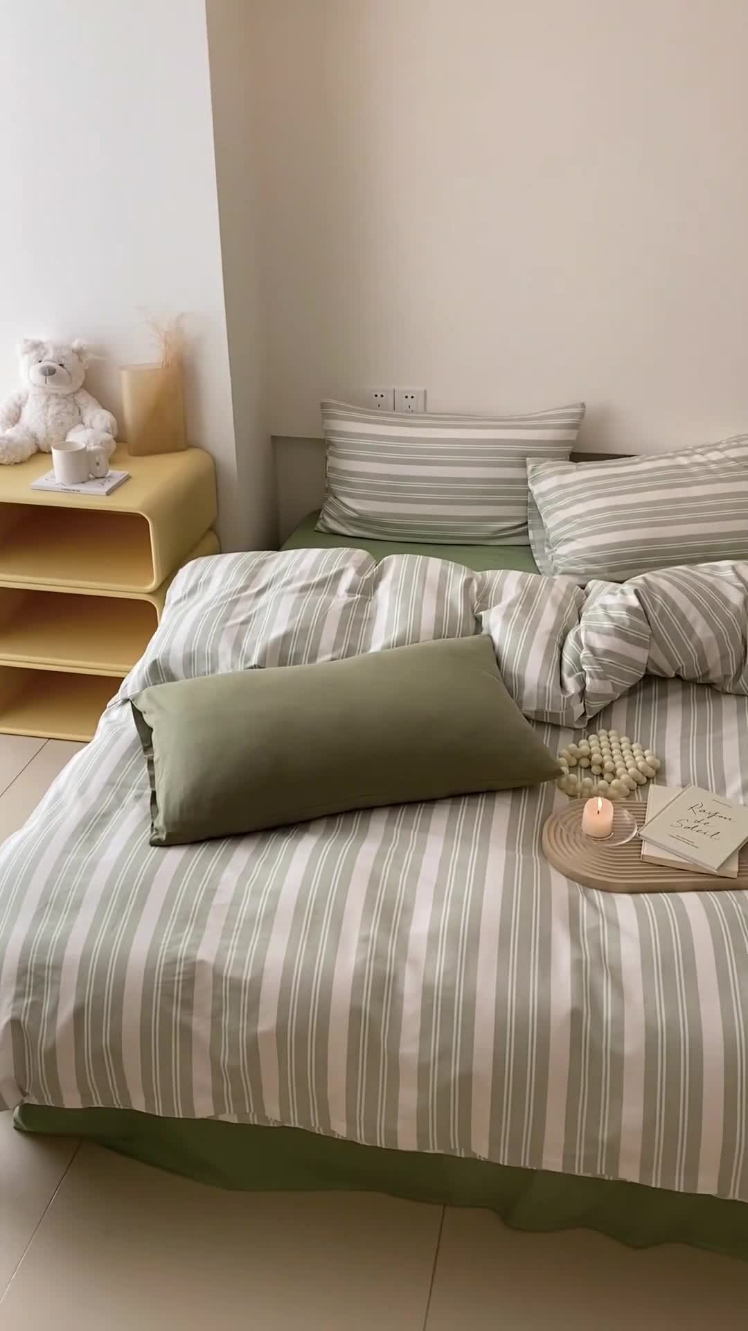 91家纺网 家纺一手货源 找家纺 昔可 2022新款全棉四件套影棚图2 绿白条