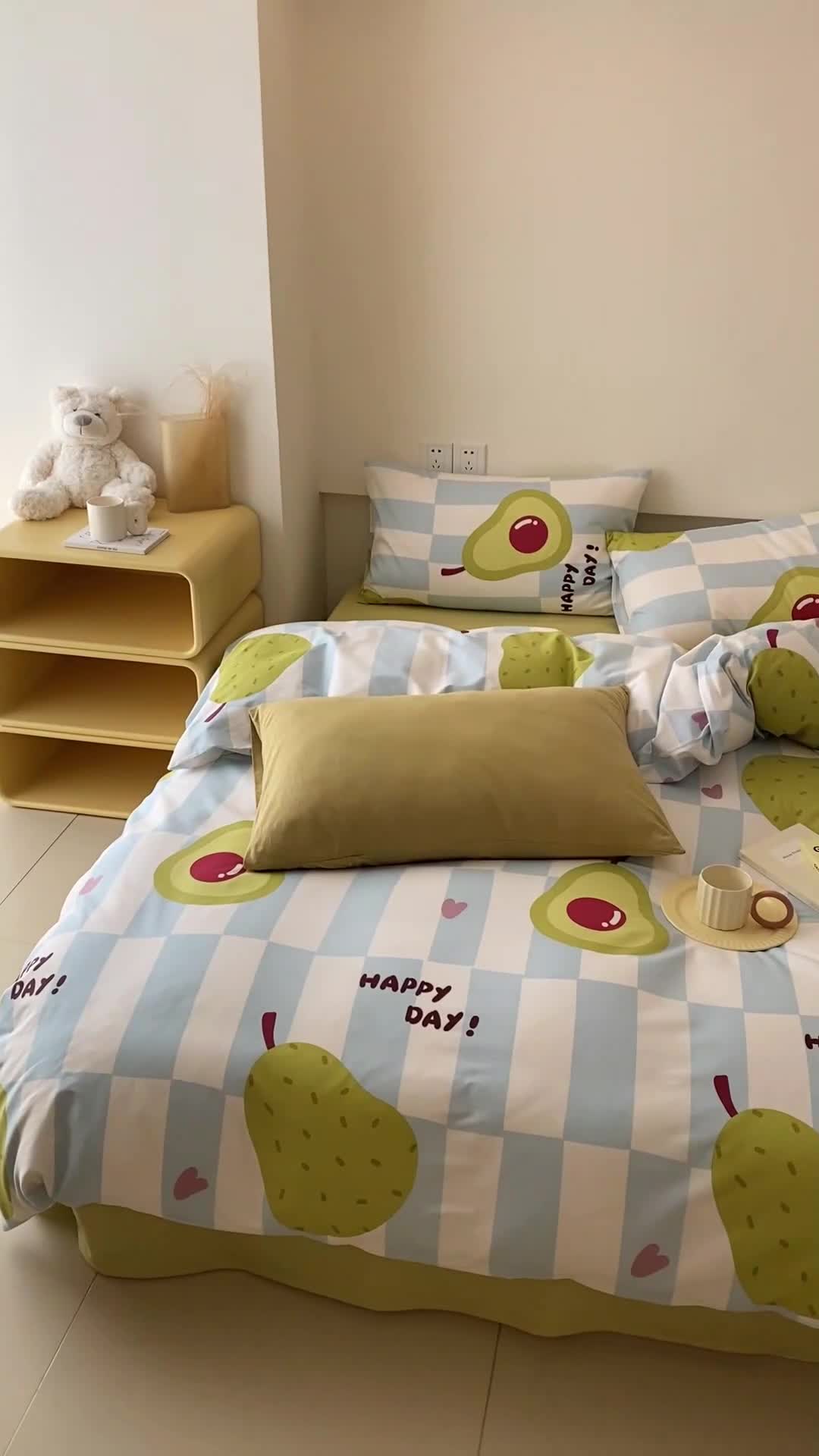 91家纺网 家纺一手货源 找家纺 昔可 2022新款全棉四件套影棚图2 蓝棋盘绿果