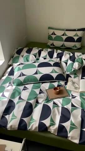 91家纺网 家纺一手货源 找家纺 昔可 2022新款全棉四件套影棚图1 绿色拼接圈