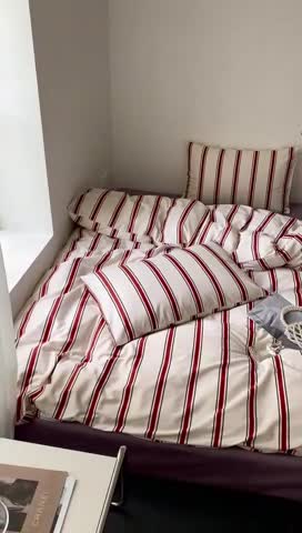 91家纺网 家纺一手货源 找家纺 昔可 2022新款全棉四件套影棚图1 红竖条