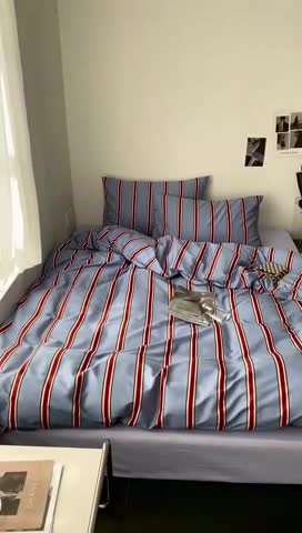91家纺网 家纺一手货源 找家纺 昔可 2022新款全棉四件套影棚图1 红蓝条