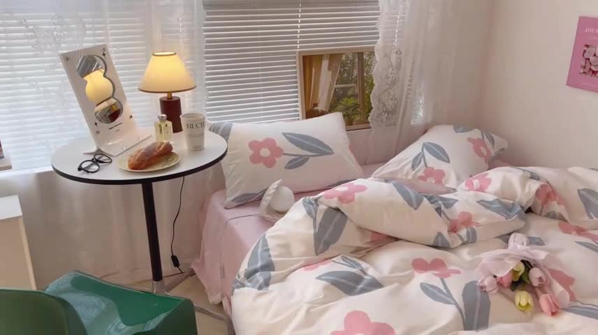 91家纺网 家纺一手货源 找家纺 昔可 2022新款简约花朵四件套 夏日物语粉