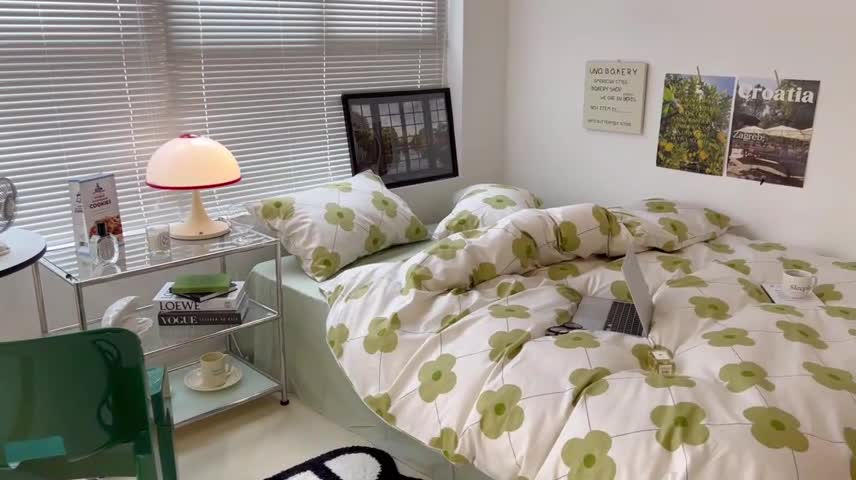 91家纺网 家纺一手货源 找家纺 昔可 2022新款简约花朵四件套 幸运四叶花绿