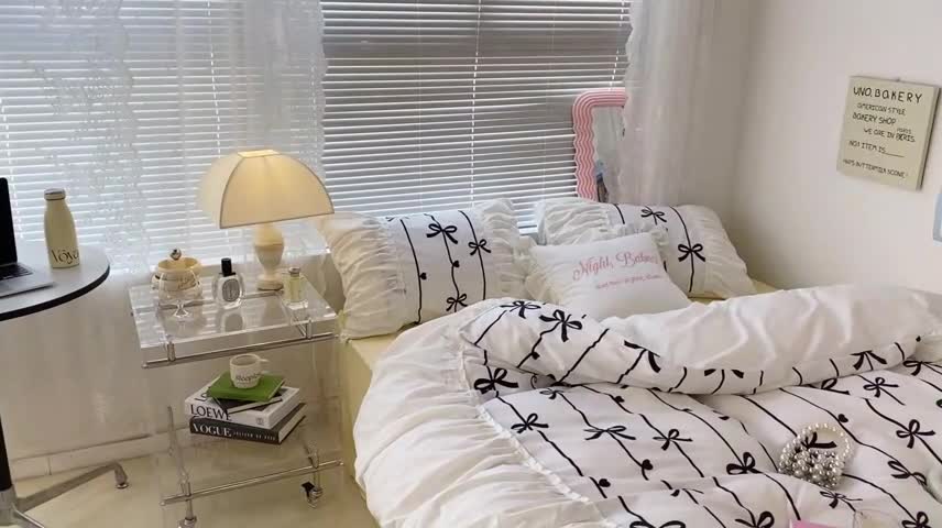 91家纺网 家纺一手货源 找家纺 昔可 2022新款韩版花边系列四件套 丝带蝴蝶结