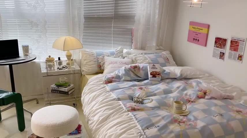 91家纺网 家纺一手货源 找家纺 昔可 2022新款韩版花边系列四件套 蓝格爱心熊