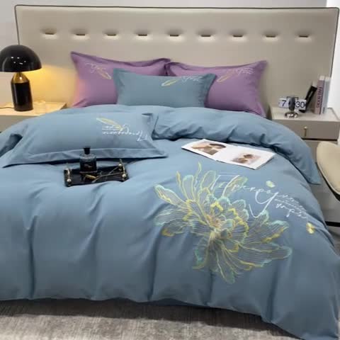 91家纺网 家纺一手货源 找家纺 涵宸 2022新款全棉铂金磨毛刺绣四件套-篱园 篱园-摩卡蓝