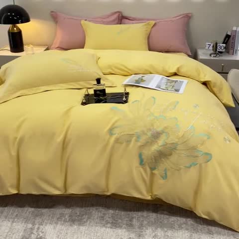 91家纺网 家纺一手货源 找家纺 涵宸 2022新款全棉铂金磨毛刺绣四件套-篱园 篱园-气质黄