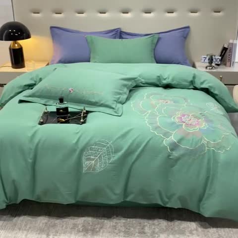 91家纺网 家纺一手货源 找家纺 涵宸 2022新款全棉铂金磨毛刺绣四件套-月息系列 月息-橄榄绿