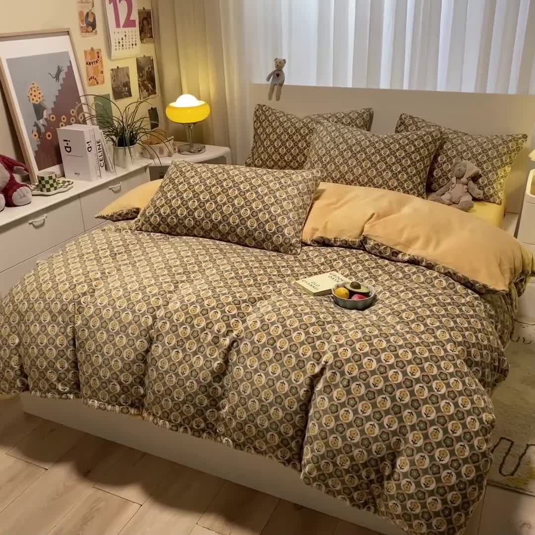 91家纺网 家纺一手货源 找家纺 大渔生活 2024新款牛奶绒印花系列四件套 时光物语