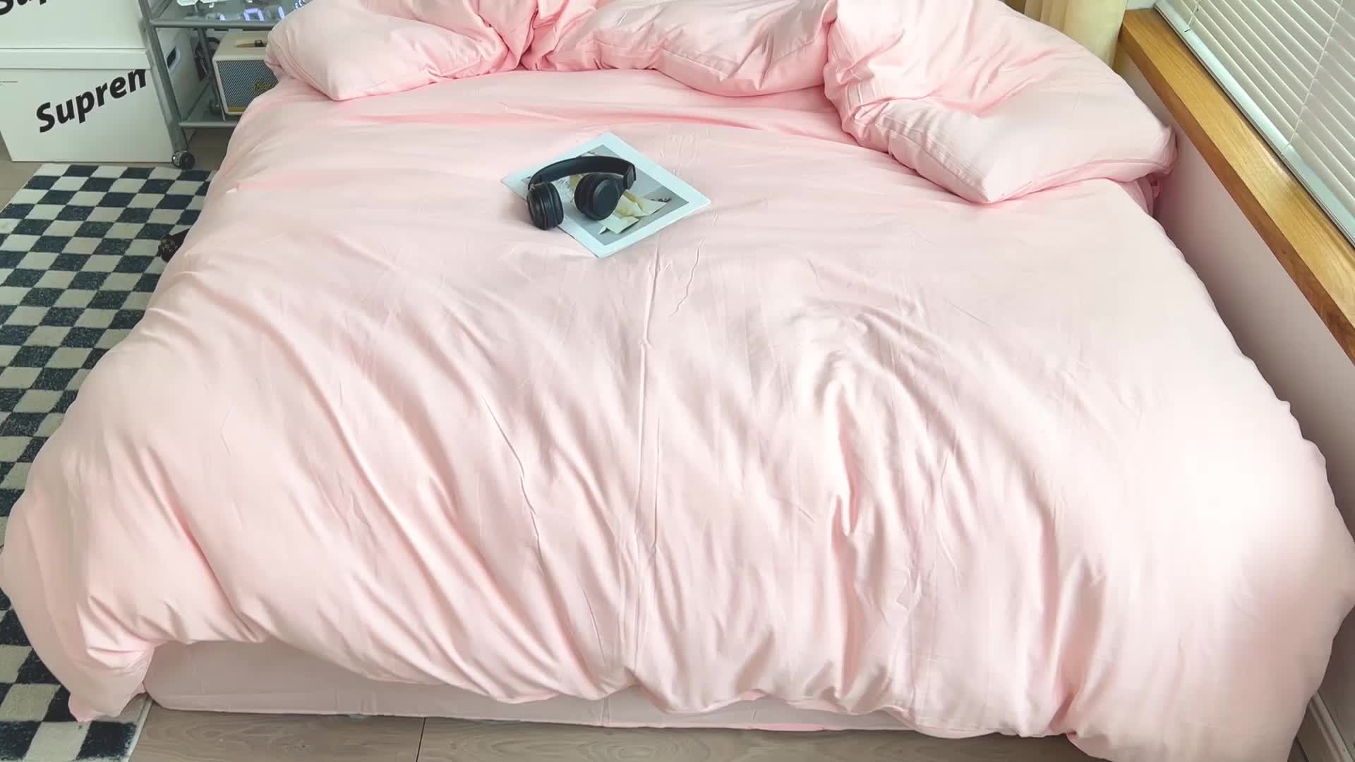 91家纺网 家纺一手货源 找家纺 优色良品 2023新款110克纯色超柔褶皱水洗棉四件套 仙女粉