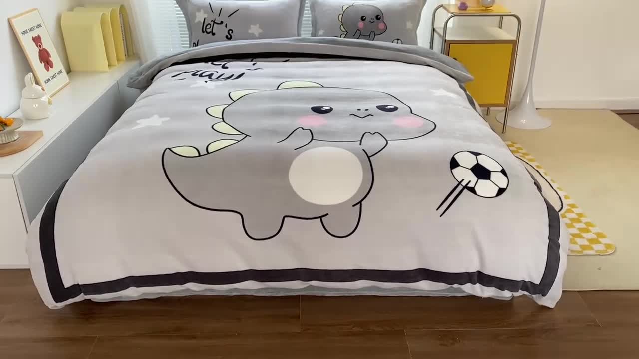 91家纺网 家纺一手货源 找家纺 慕尚 2022爆款大版高克重印花牛奶绒四件套 快乐恐龙