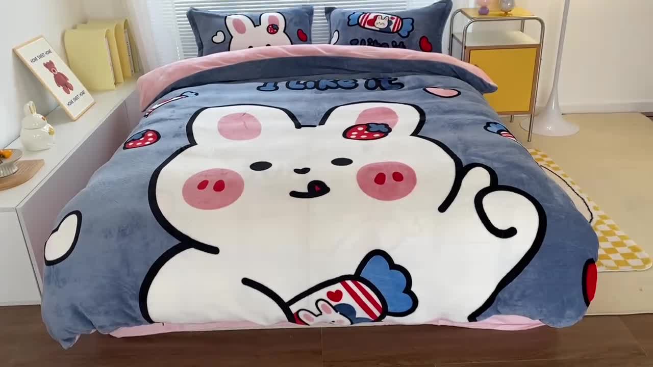 91家纺网 家纺一手货源 找家纺 慕尚 2022爆款大版高克重印花牛奶绒四件套 奶糖兔