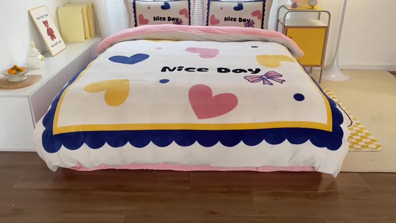 91家纺网 家纺一手货源 找家纺 慕尚 2022爆款大版高克重印花牛奶绒四件套 小爱心