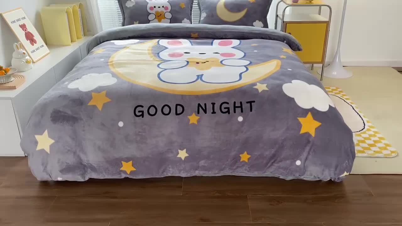 91家纺网 家纺一手货源 找家纺 慕尚 2022爆款大版高克重印花牛奶绒四件套 月亮兔