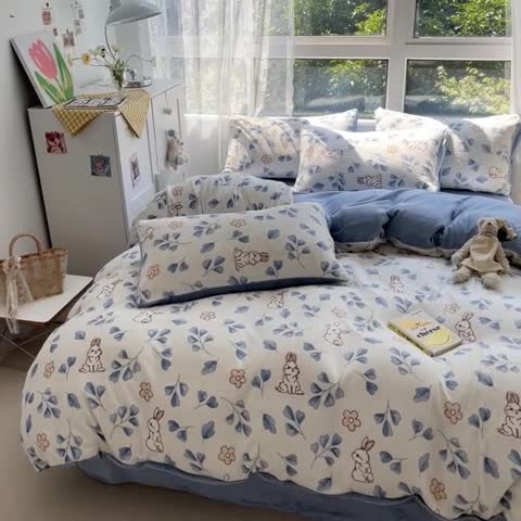91家纺网 家纺一手货源 找家纺 雅居纺 2022新款牛奶绒印花四件套 乖乖兔