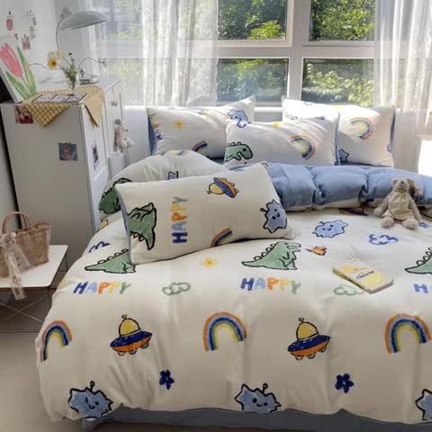 91家纺网 家纺一手货源 找家纺 雅居纺 2022新款牛奶绒印花四件套 开心龙